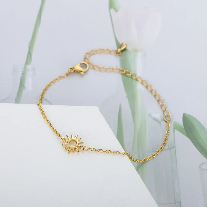 Jewlery Sun Hollow Couple Bracelets for Women Stainless Steel Chain Bracelet Vintage Sunflower Anklet Boho Foot Accessories