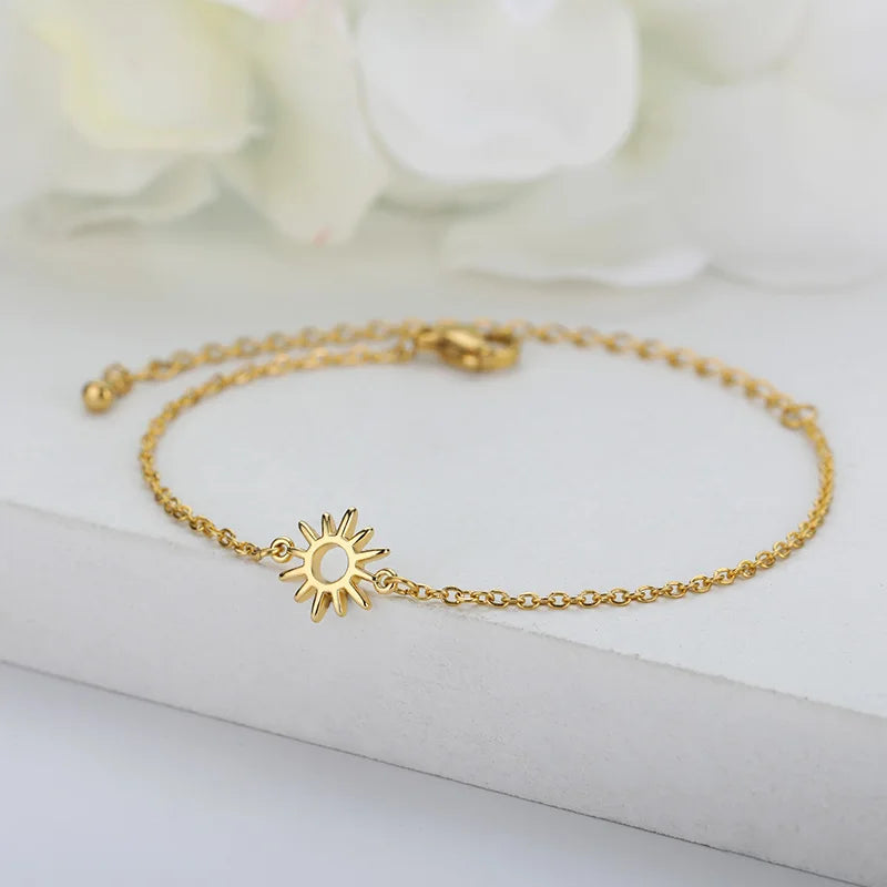 Jewlery Sun Hollow Couple Bracelets for Women Stainless Steel Chain Bracelet Vintage Sunflower Anklet Boho Foot Accessories