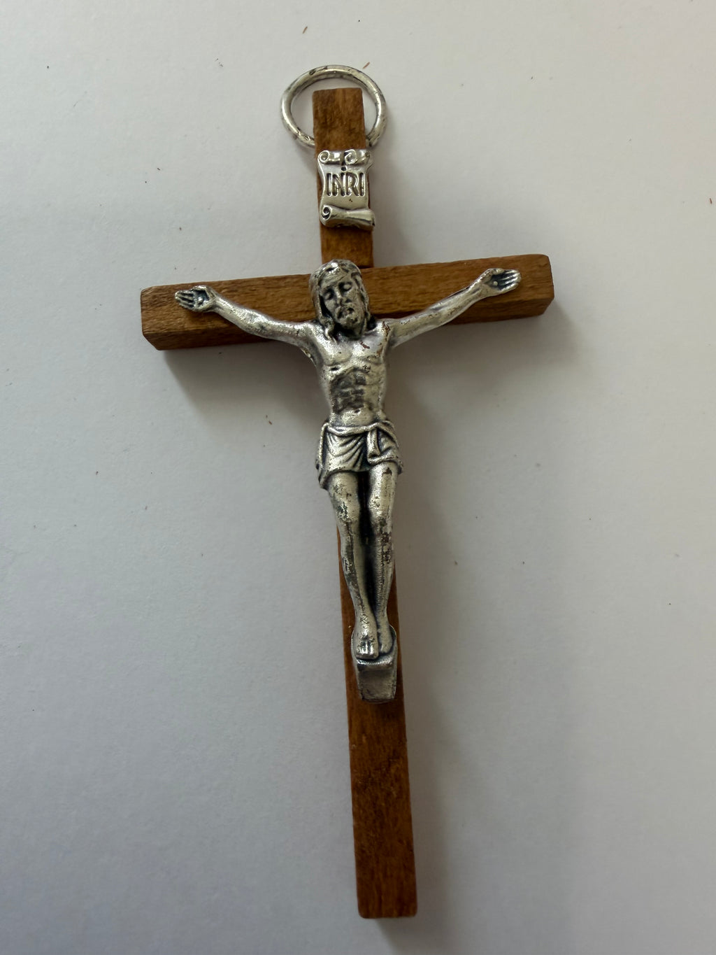 Small Wooden Crucifix with Silver-Tone Jesus – INRI Christian Cross & Faith Keepsake
