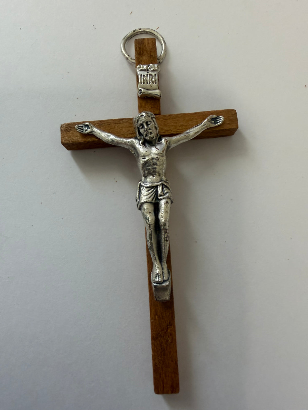 Small Wooden Crucifix with Silver-Tone Jesus – INRI Christian Cross & Faith Keepsake