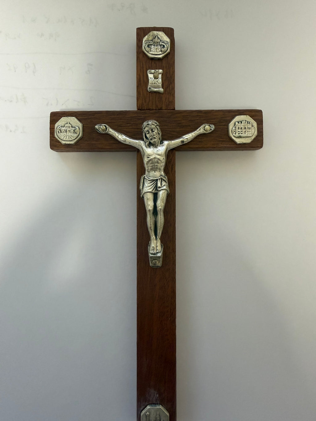 Ornate Wooden Wall Crucifix with Religious Medallions – 20 cm Christian Cross