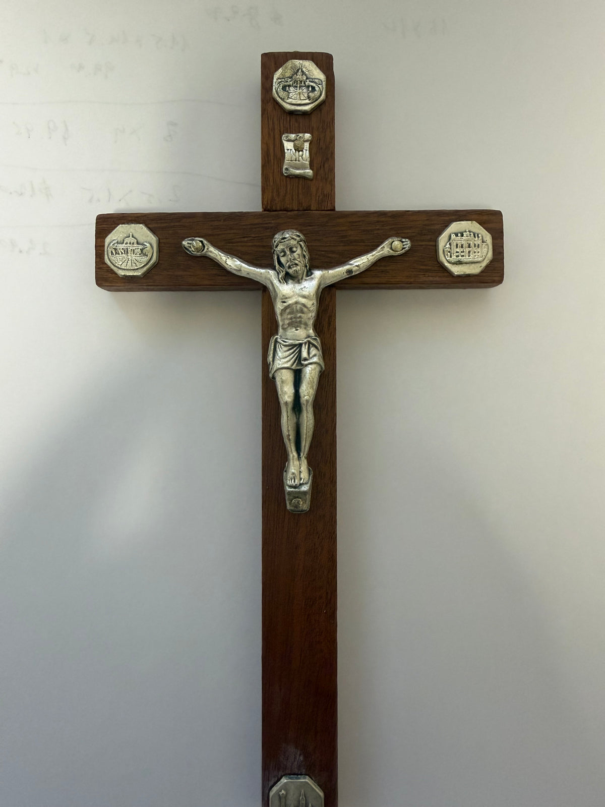 Ornate Wooden Wall Crucifix with Religious Medallions – 20 cm Christian Cross