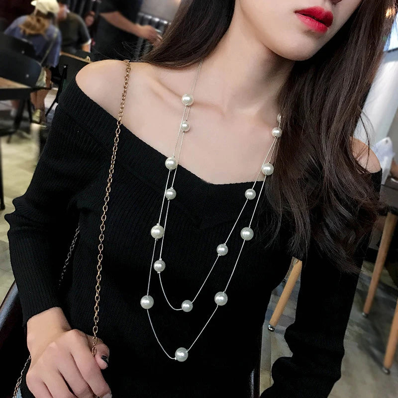 New Long Double Layer Simulated Pearl Necklace Women Sweater Chain Female Collares Statement Jewlery Wholesale 2025