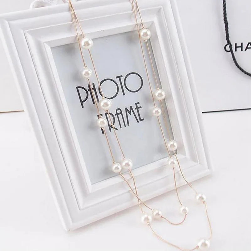 New Long Double Layer Simulated Pearl Necklace Women Sweater Chain Female Collares Statement Jewlery Wholesale 2025