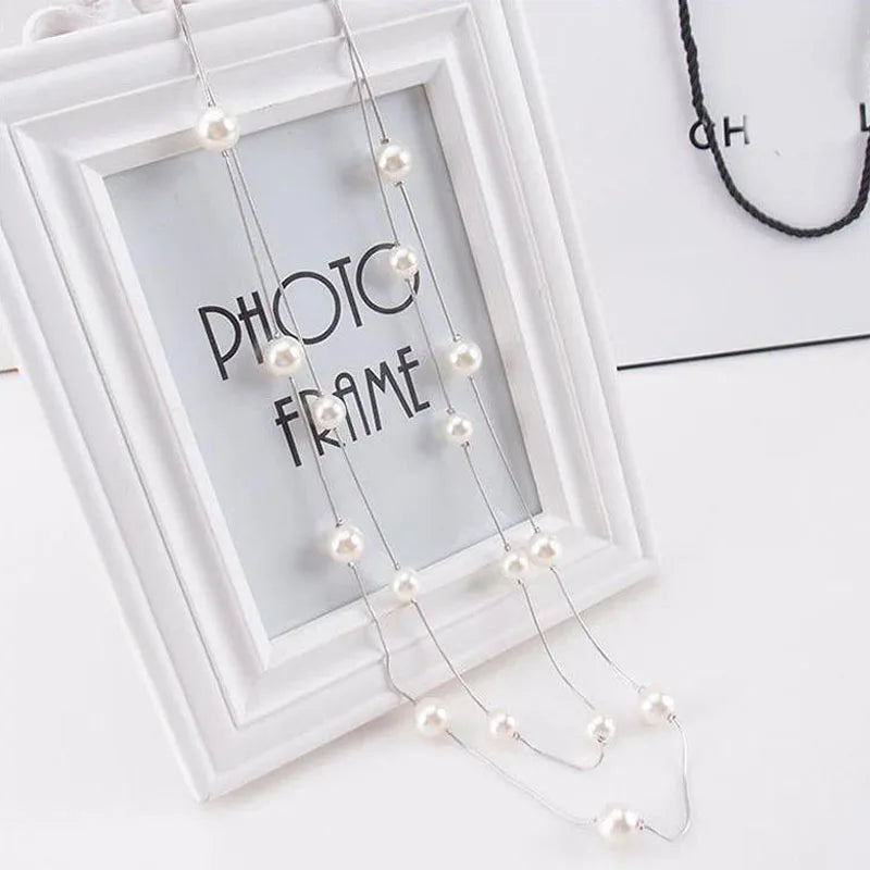 New Long Double Layer Simulated Pearl Necklace Women Sweater Chain Female Collares Statement Jewlery Wholesale 2025