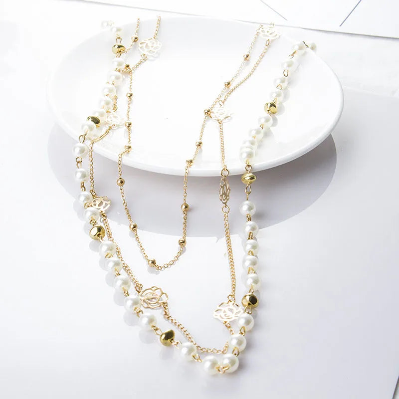 New Long Double Layer Simulated Pearl Necklace Women Sweater Chain Female Collares Statement Jewlery Wholesale 2025