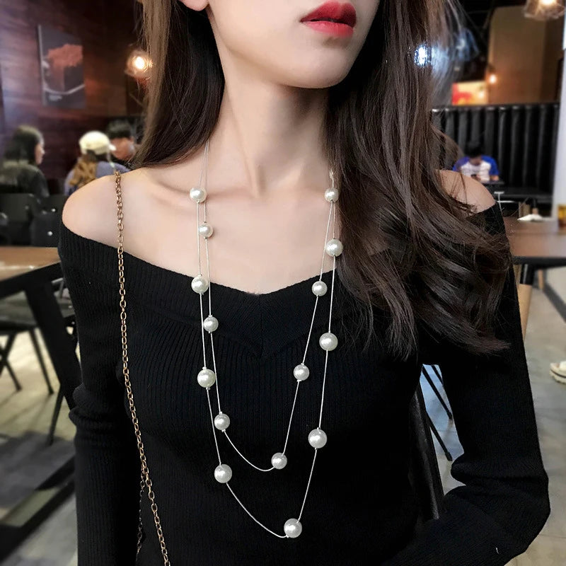 New Long Double Layer Simulated Pearl Necklace Women Sweater Chain Female Collares Statement Jewlery Wholesale 2025