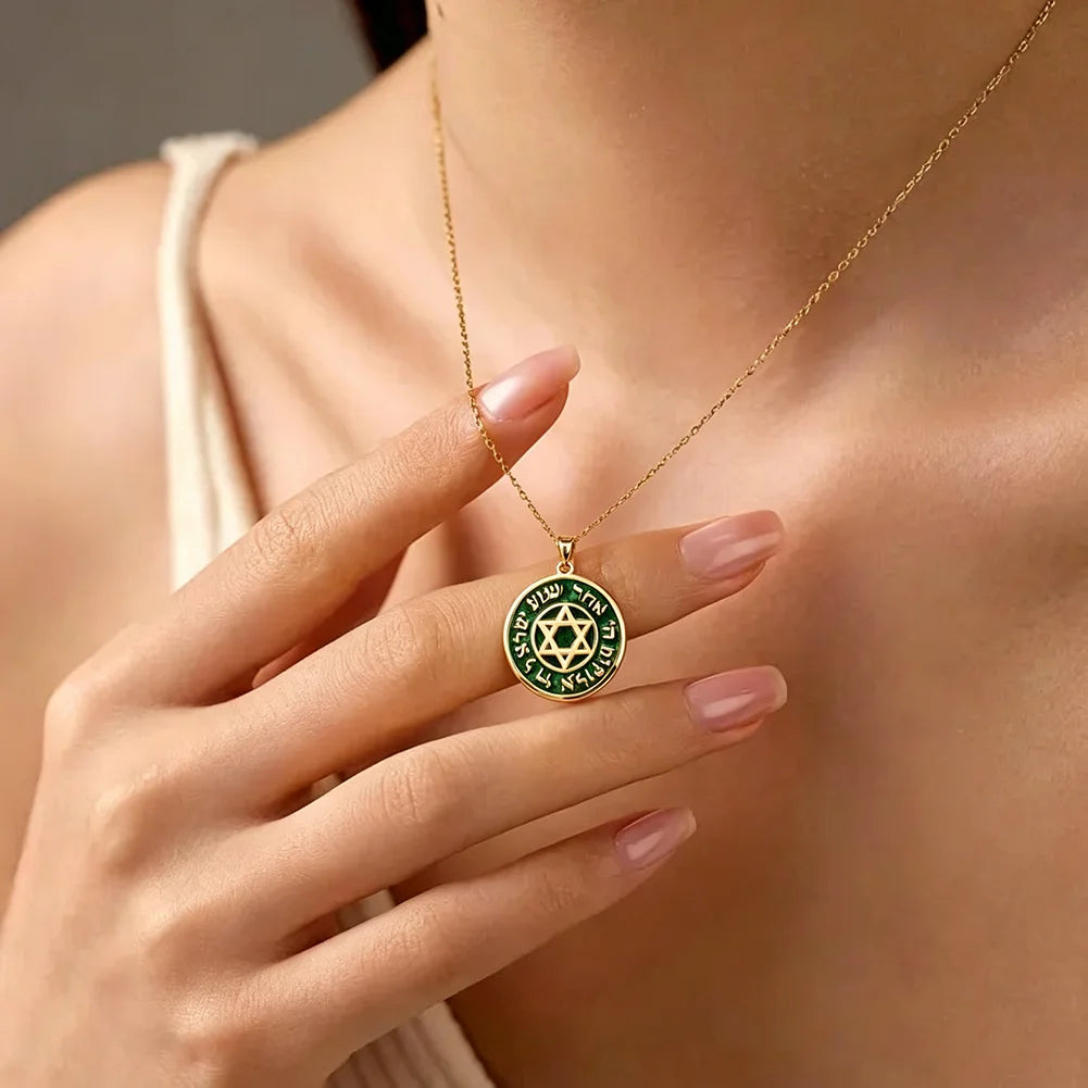 Hebrew Shema Yisrael Prayer Engraved Star of David Necklace for Men Women Eilat Stone Medallion Jewish Religious Amulet Jewelry