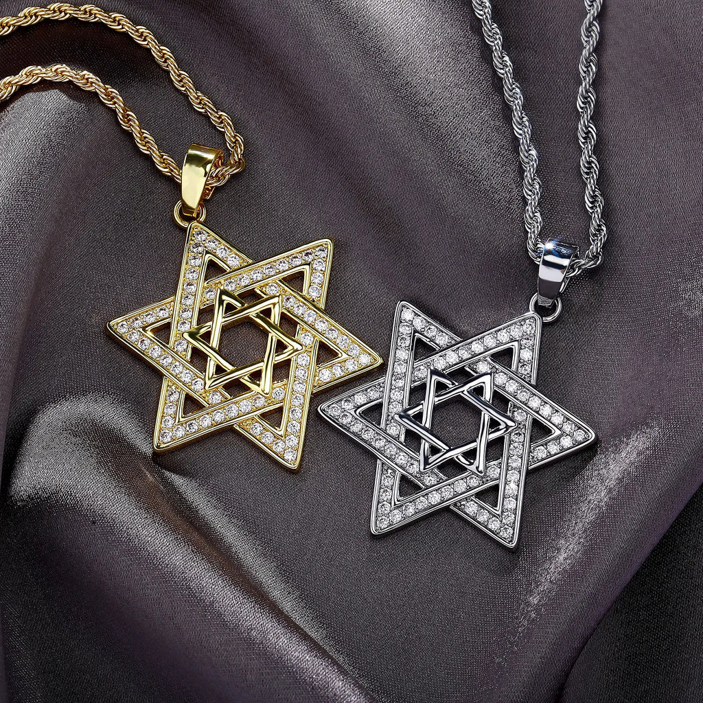 Unisex Iced Out Cubic Zirconia Gothic Star of David Pendant Necklace Gold Silver Color Hexagram Chain Hip Hop Jewelry