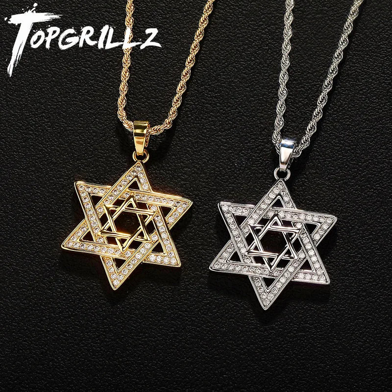 Unisex Iced Out Cubic Zirconia Gothic Star of David Pendant Necklace Gold Silver Color Hexagram Chain Hip Hop Jewelry