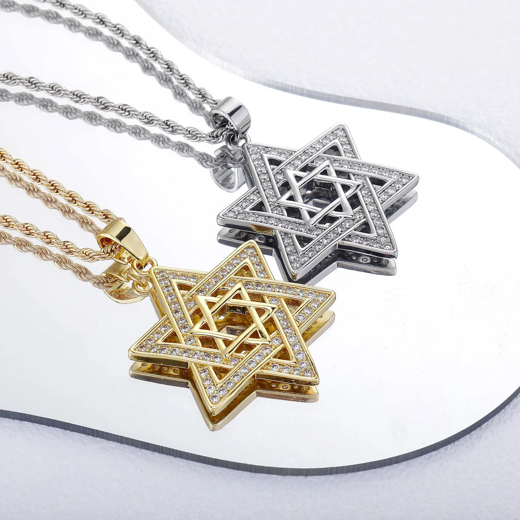 Unisex Iced Out Cubic Zirconia Gothic Star of David Pendant Necklace Gold Silver Color Hexagram Chain Hip Hop Jewelry