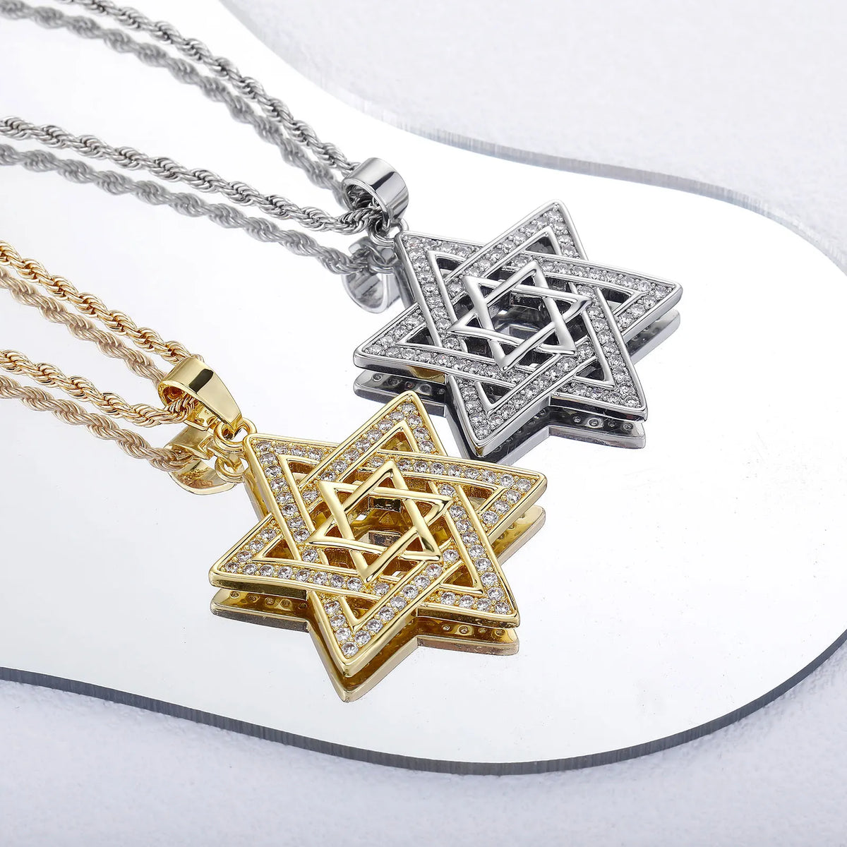 Unisex Iced Out Cubic Zirconia Gothic Star of David Pendant Necklace Gold Silver Color Hexagram Chain Hip Hop Jewelry