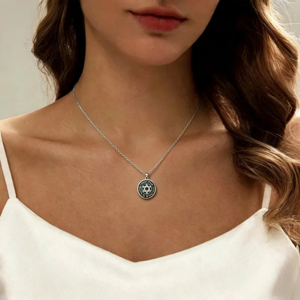 Hebrew Shema Yisrael Prayer Engraved Star of David Necklace for Men Women Eilat Stone Medallion Jewish Religious Amulet Jewelry