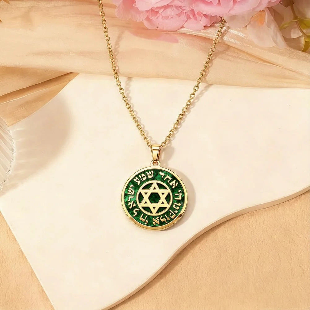 Hebrew Shema Yisrael Prayer Engraved Star of David Necklace for Men Women Eilat Stone Medallion Jewish Religious Amulet Jewelry