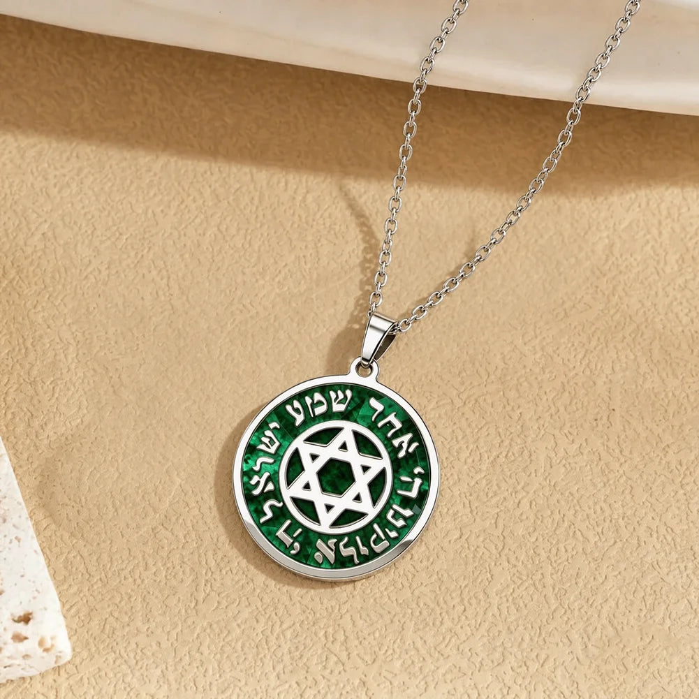 Hebrew Shema Yisrael Prayer Engraved Star of David Necklace for Men Women Eilat Stone Medallion Jewish Religious Amulet Jewelry