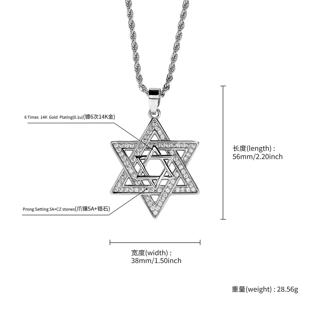 Unisex Iced Out Cubic Zirconia Gothic Star of David Pendant Necklace Gold Silver Color Hexagram Chain Hip Hop Jewelry