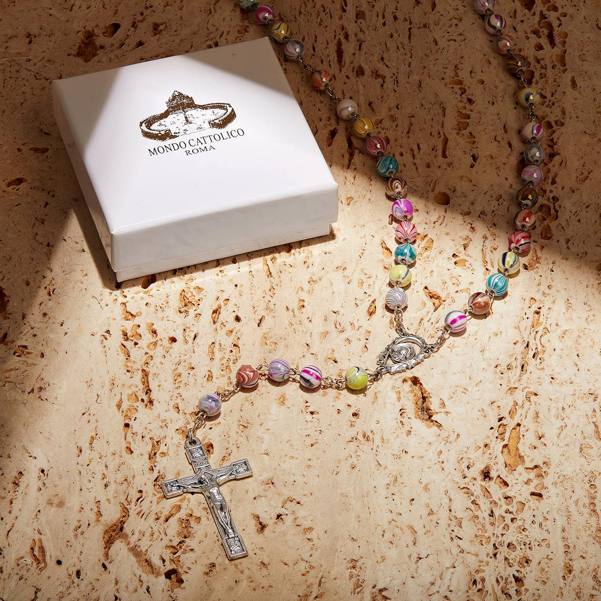 Multicolor Catholic Rosary in 0,31" Arlecchino Beads with a Decorated Our Lady of Sorrow Centerpiece.
