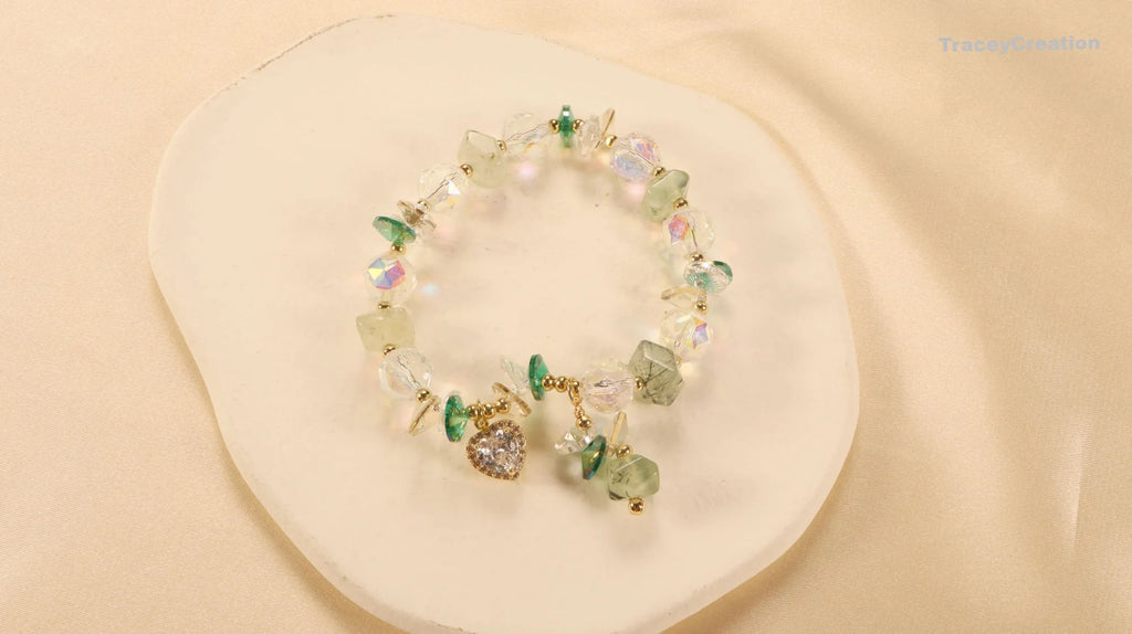 Prehnite Crystal Bracelet with Zircon Heart: Gemstone Meditation Jewelry