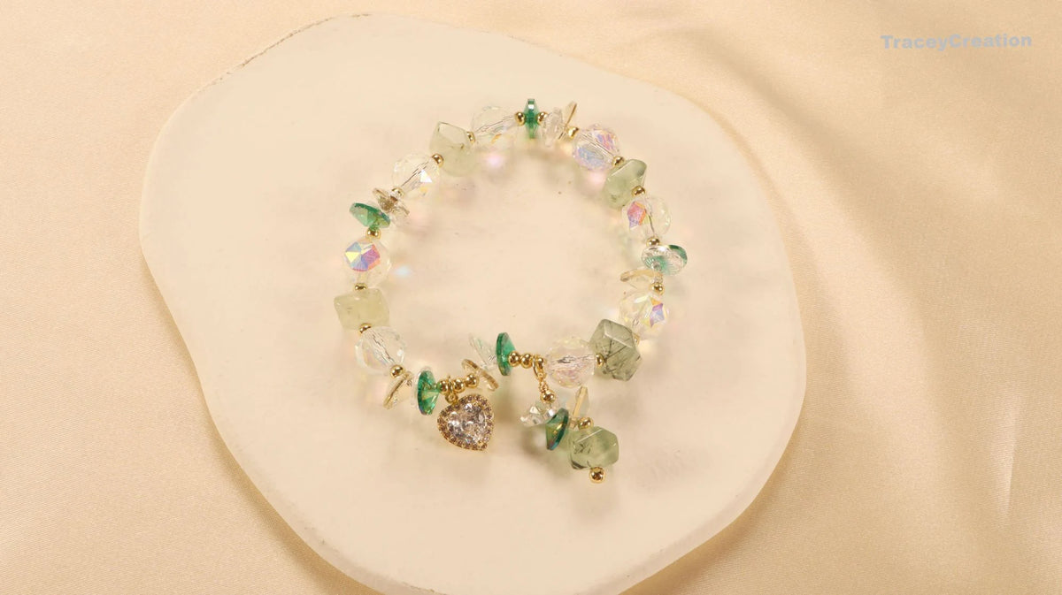 Prehnite Crystal Bracelet with Zircon Heart: Gemstone Meditation Jewelry
