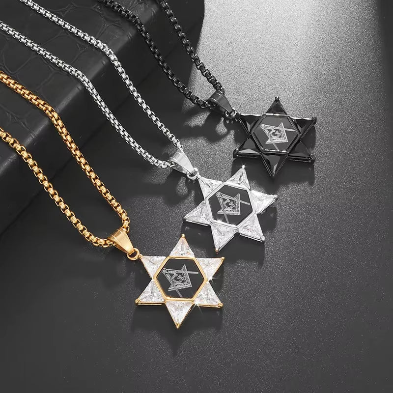 Men\'S High Quality Metal Gold Plated Star of David Masonic Pendant Necklace Classic Punk Religious Style Amulet Jewelry
