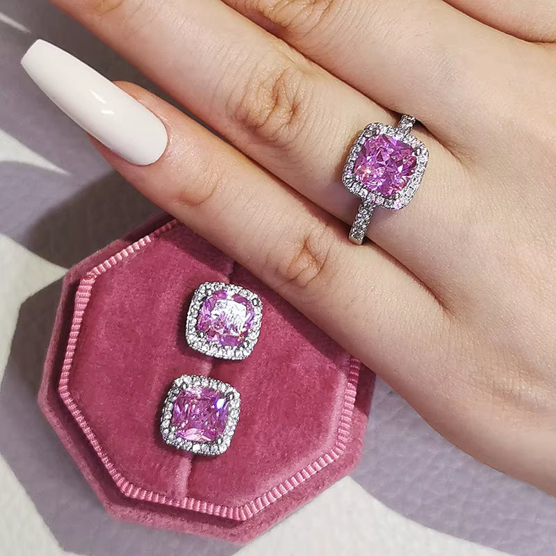 India Turkish Luxury Fashion Pink Blue Silver Color Jewelry Set for Wedding Women Dubai Ring Earring Party Gift Jewlery Z8