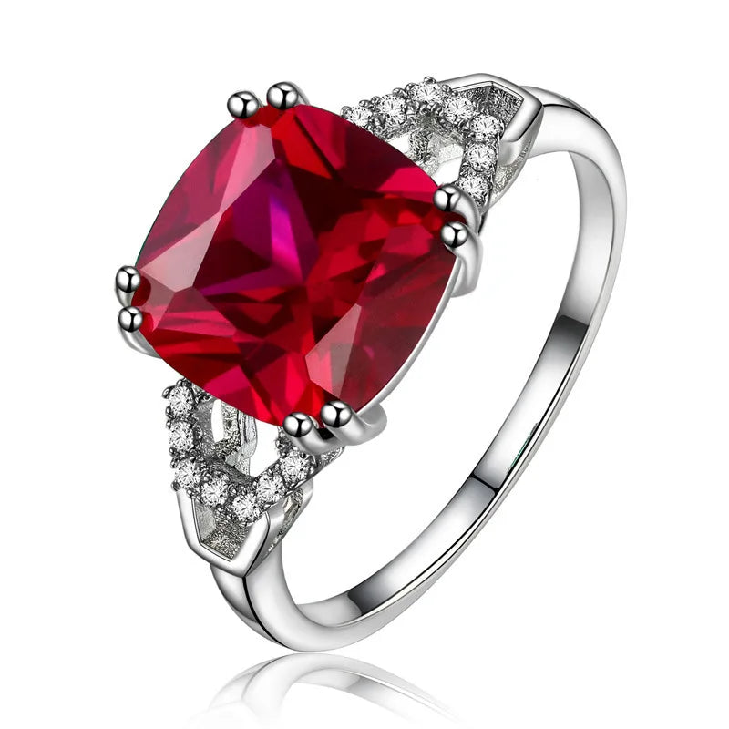 Cellacity Classic Silver Ring with Square Ruby/Emerald Gemstone Charm Women Silver Jewlery Engagement Lady Gift Size 6-10