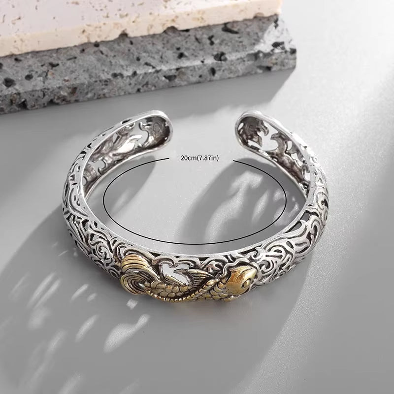 Retro Punk Koi Fish Engraved Pattern Bracelet Suitable for Men and Women Good Luck Trendy Open Bracelet Jewelry Gift