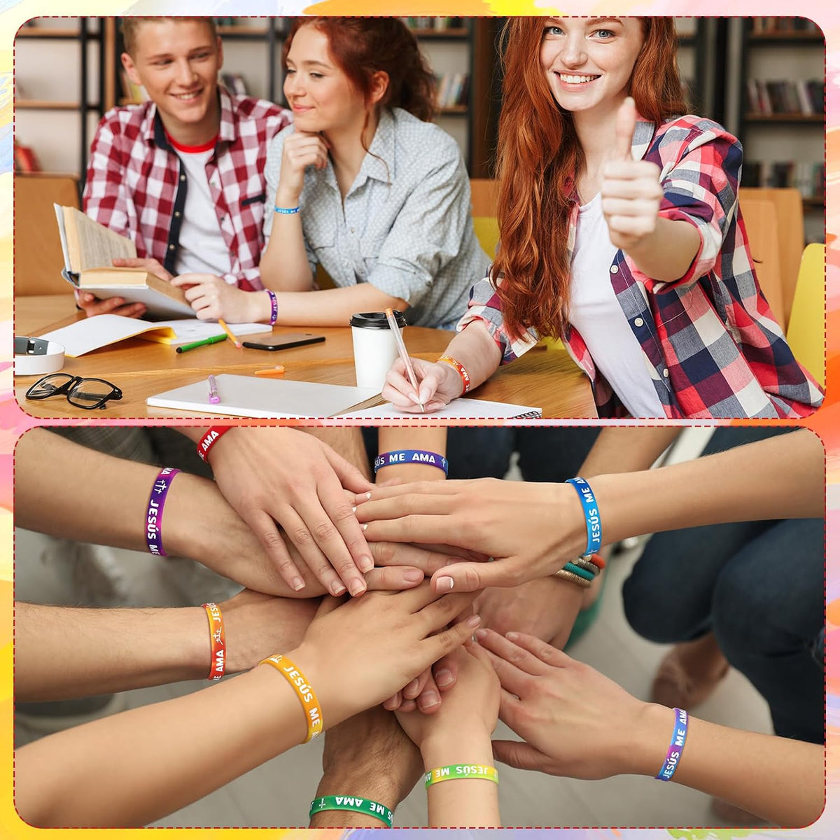 50 Pcs Jesus Me Ama Spanish Rainbow Wristbands 10 Cross Styles