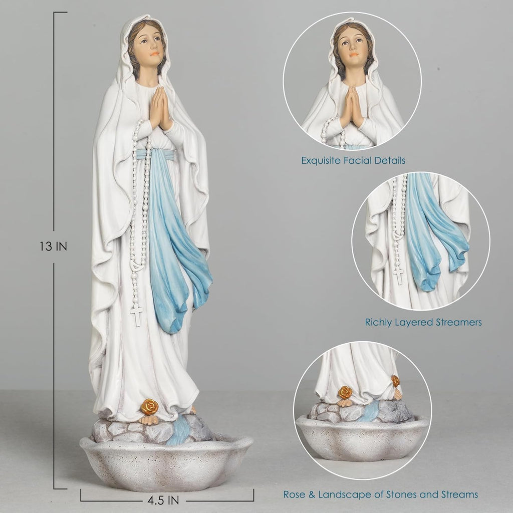 Our Lady of Lourdes Statue - 13 Inch Virgin Mary Praying Rosary Holder Catholic Blessed Mother Statue Hand Painted, Home Decor Religious Gift