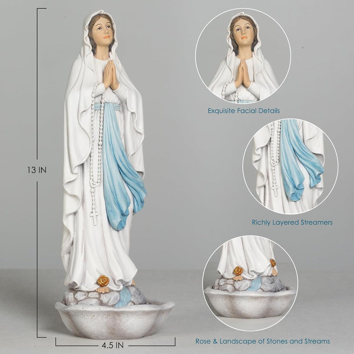 Our Lady of Lourdes Statue - 13 Inch Virgin Mary Praying Rosary Holder Catholic Blessed Mother Statue Hand Painted, Home Decor Religious Gift