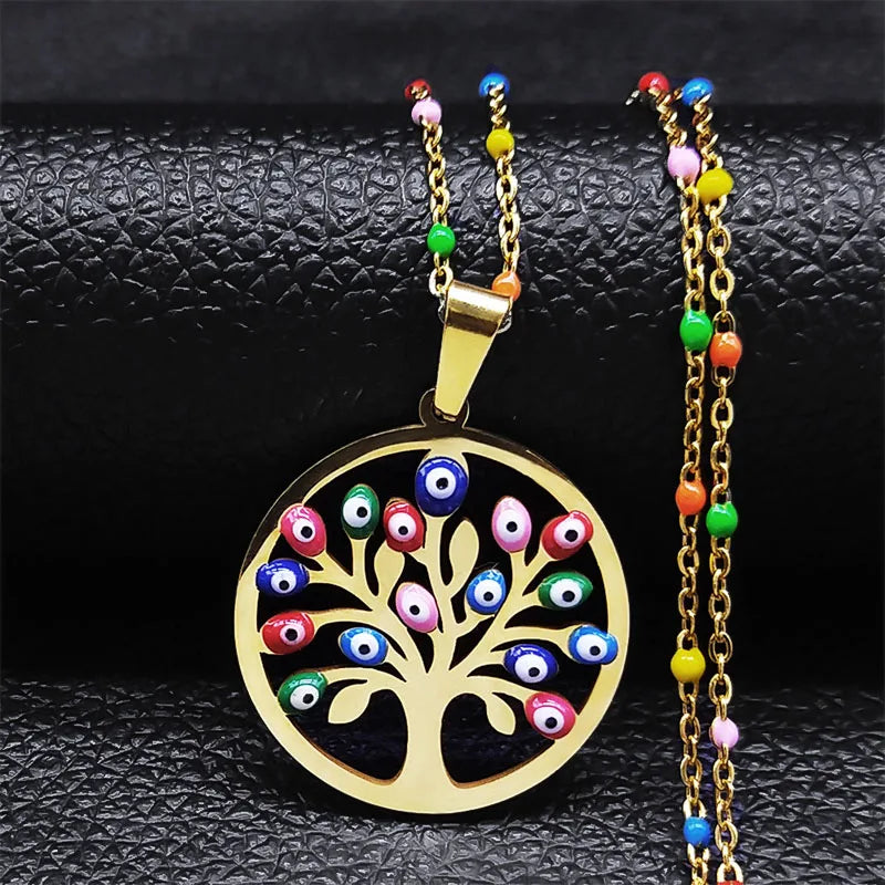 Bohemian Colorful Turkey Eyes Stainless Steel Tree of Life Chain Necklace Gold Color Necklaces Jewelry Arbre De Vie N5210S04