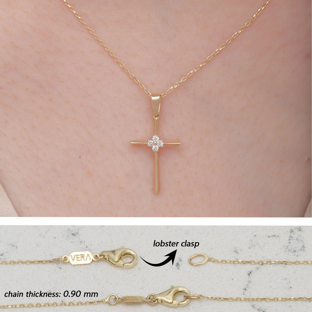 14K Solid Gold Diamond Cross Necklace: Religious Baptism Gift