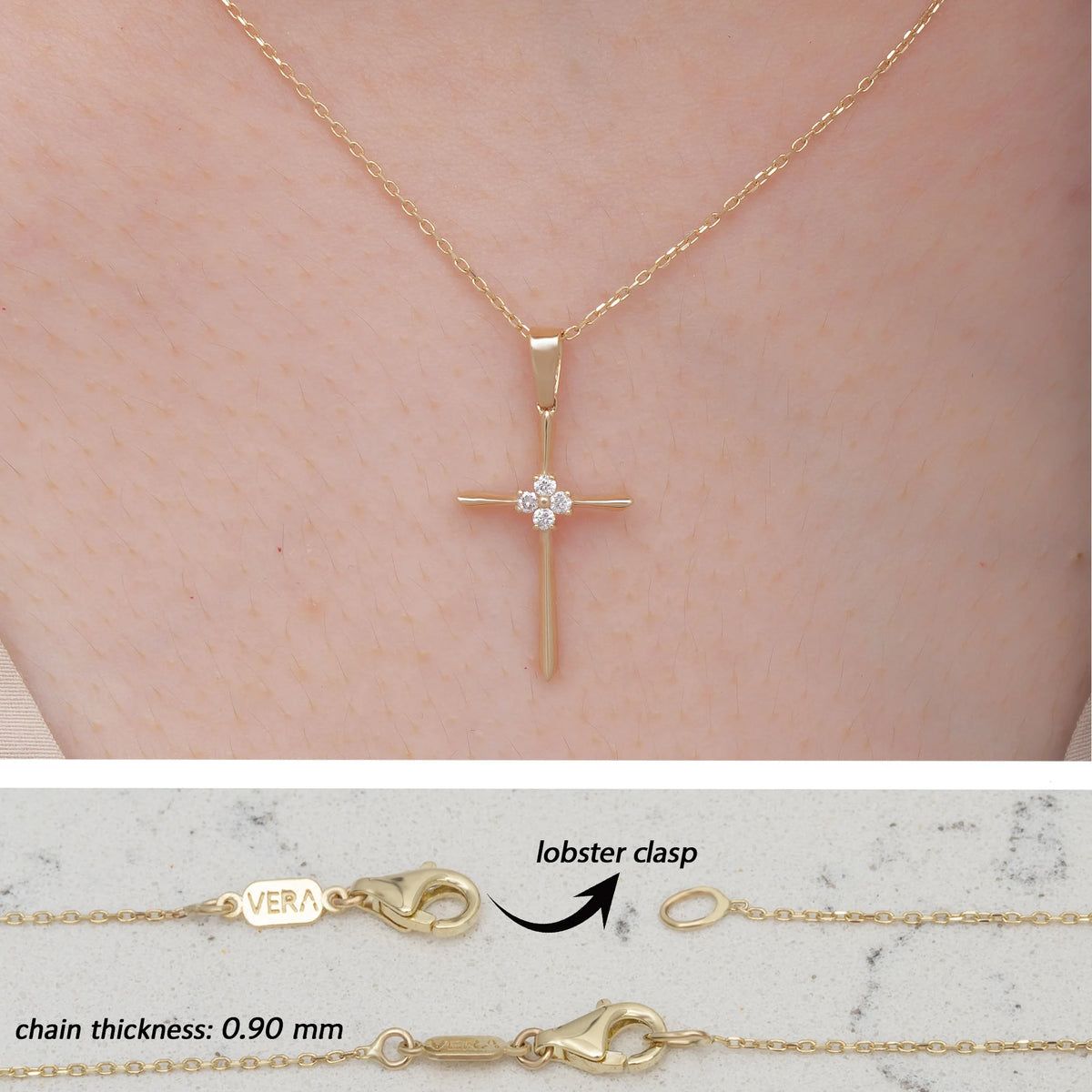 14K Solid Gold Diamond Cross Necklace: Religious Baptism Gift