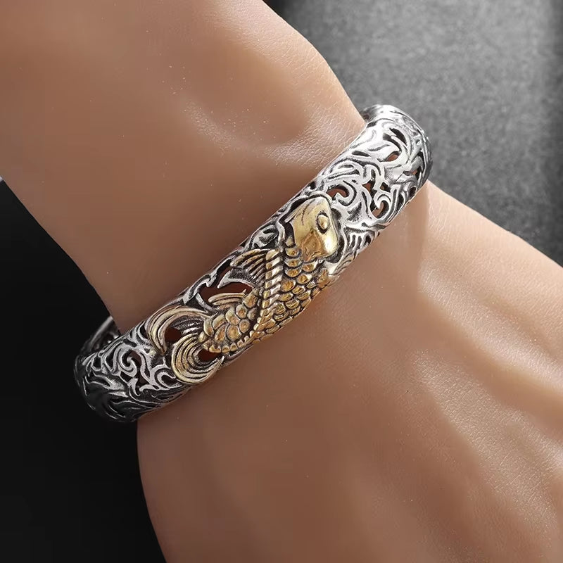 Retro Punk Koi Fish Engraved Pattern Bracelet Suitable for Men and Women Good Luck Trendy Open Bracelet Jewelry Gift