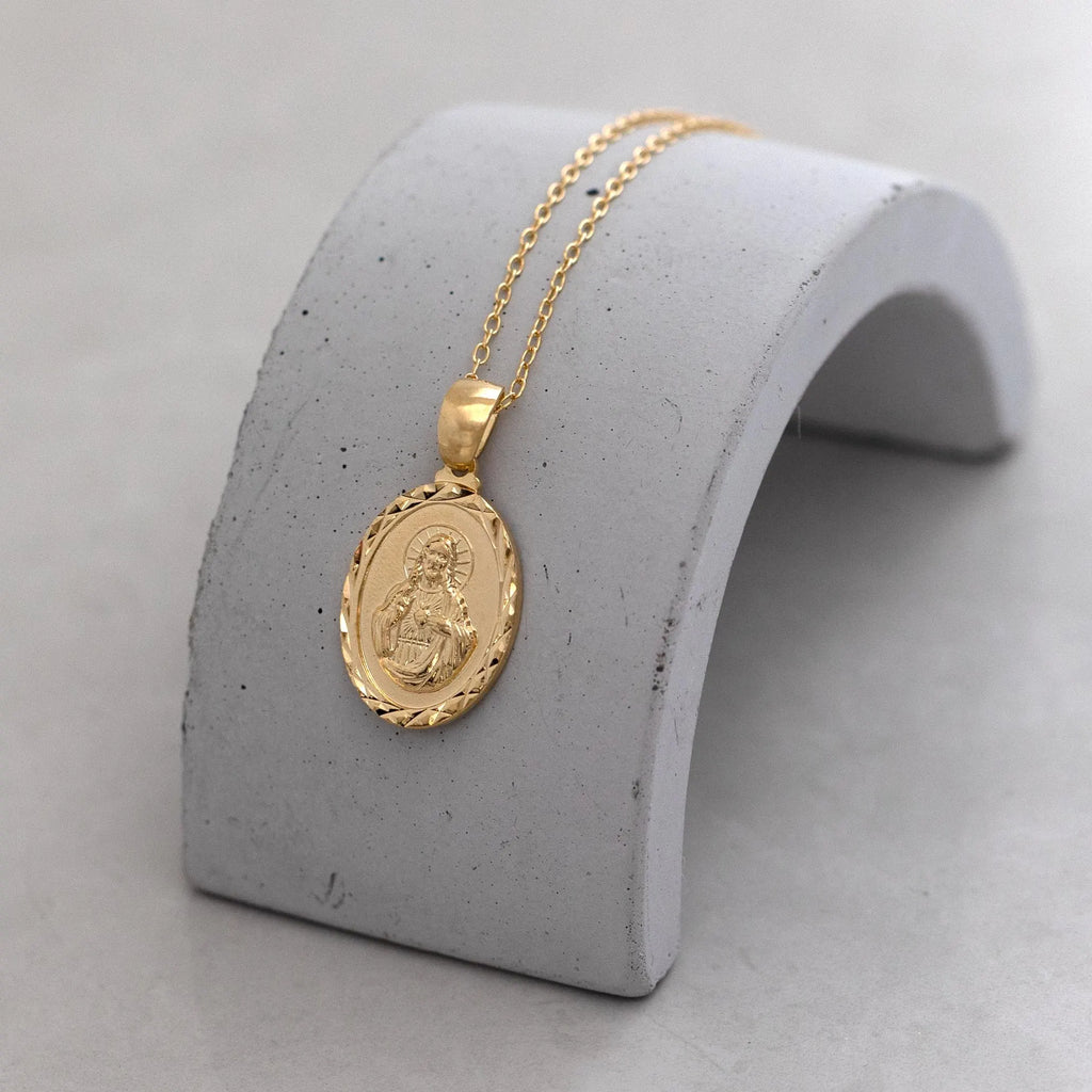 18K Gold Filled Sacred Heart of Jesus Medallion Pendant Necklace Religious Medal Gift Jewelry