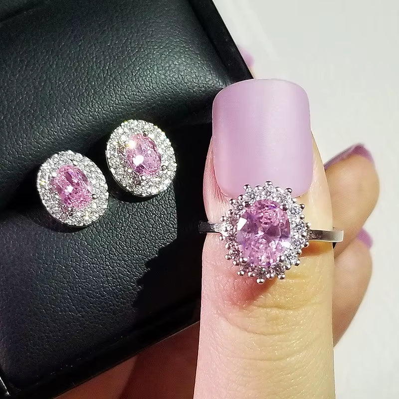 India Turkish Luxury Fashion Pink Blue Silver Color Jewelry Set for Wedding Women Dubai Ring Earring Party Gift Jewlery Z8