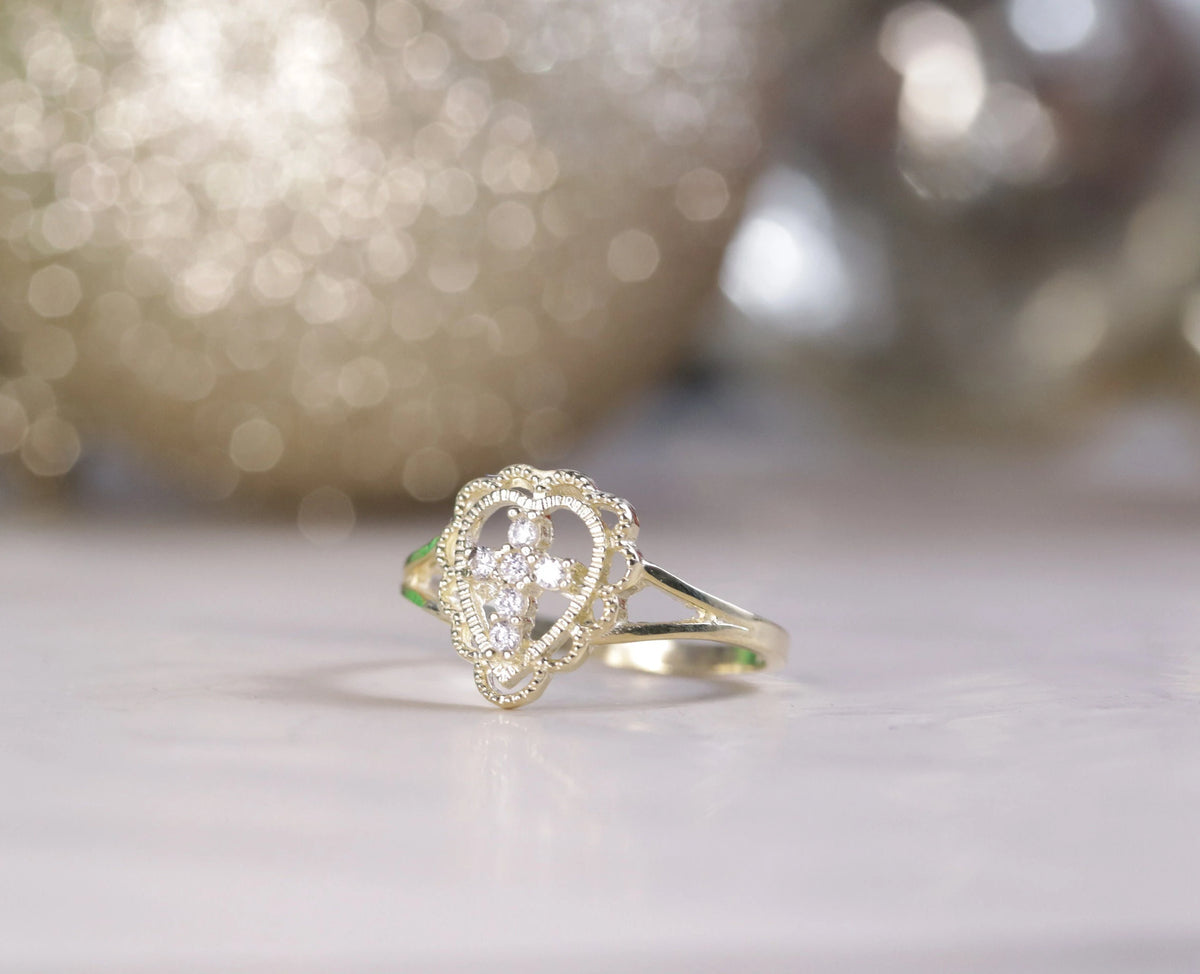 10K Yellow Gold CZ Cross Ring - Religious Gift