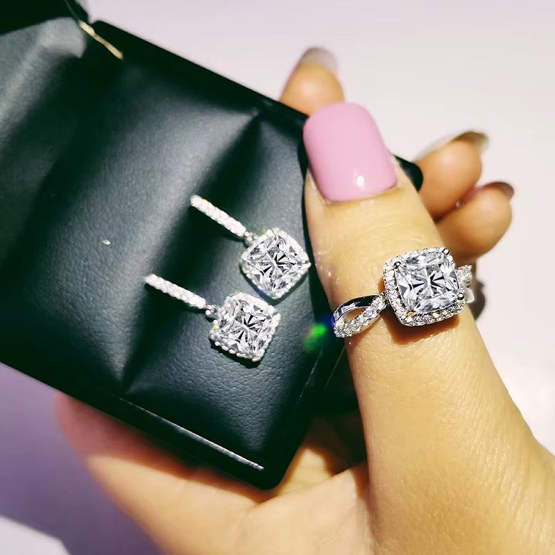 India Turkish Luxury Fashion Pink Blue Silver Color Jewelry Set for Wedding Women Dubai Ring Earring Party Gift Jewlery Z8