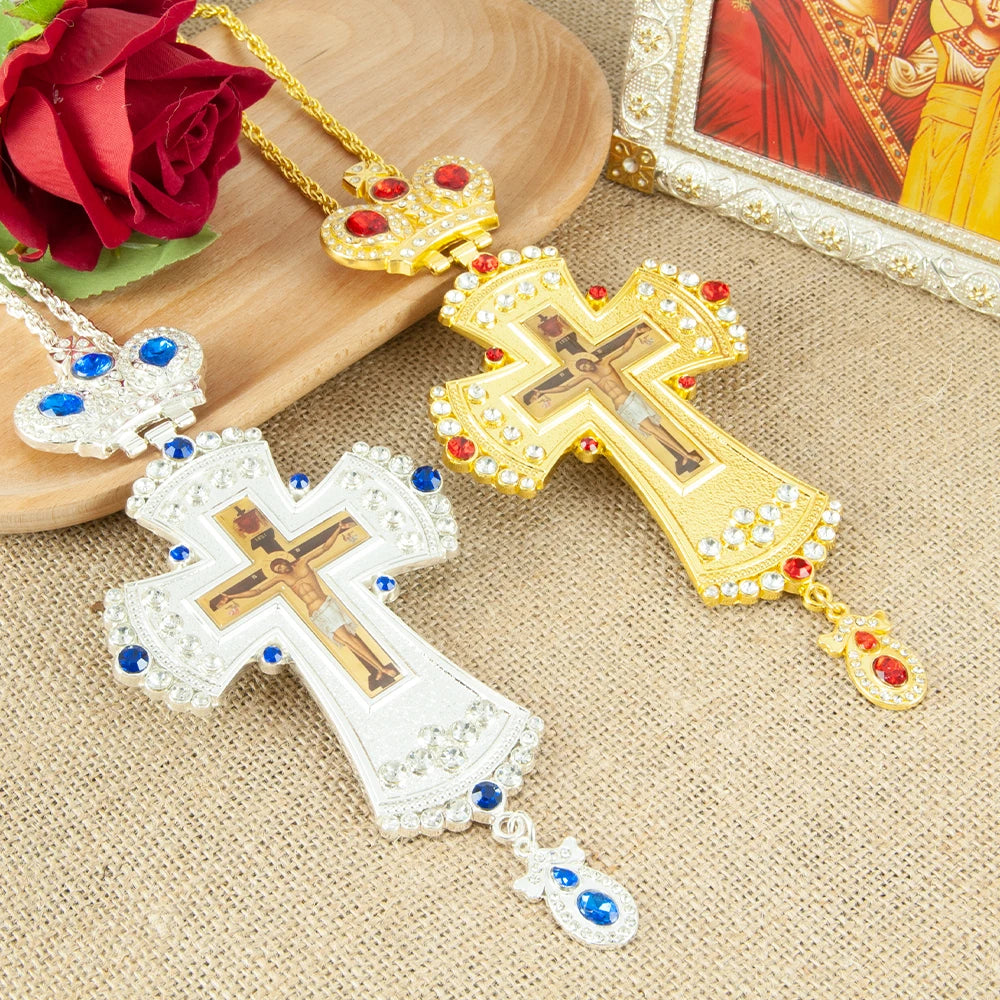HTISOK Orthodox Jesus Crucifix Icon Pendant Cross Necklace for Church Spiritual Gift Religion Bishop Pectoral Cross Necklace