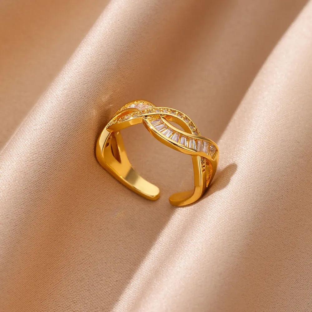 Zircon Geometric Rings for Women Stainless Steel Open Luxury Gold Color Wedding Couple Ring Party Jewlery Accessories Anillos