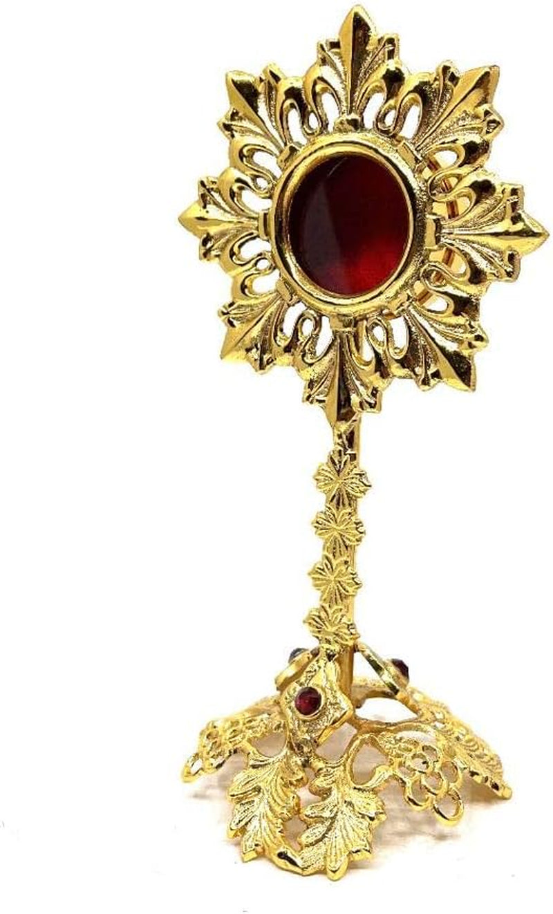 Solid Brass Reliquary with Ornate Base and Studded Beads - Monstrance Catholic - Small Reliquary for Relics - Relicarios Custodias Catolicos - Custodia - Relicario - without Luna