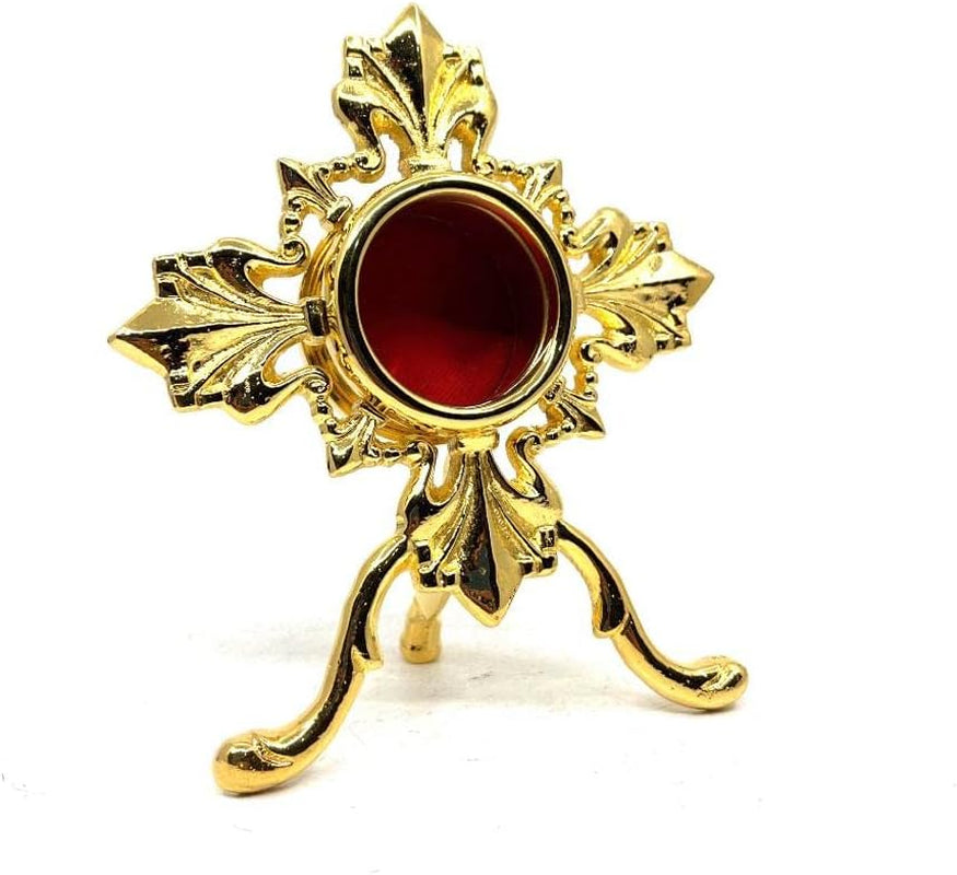 Solid Brass Reliquary - 24 Carat Gold-Plated Catholic Monstrance Cross Decor Stand with Red Center - My Catholic Faith Sacred Gift for Altar or Devout Collectors