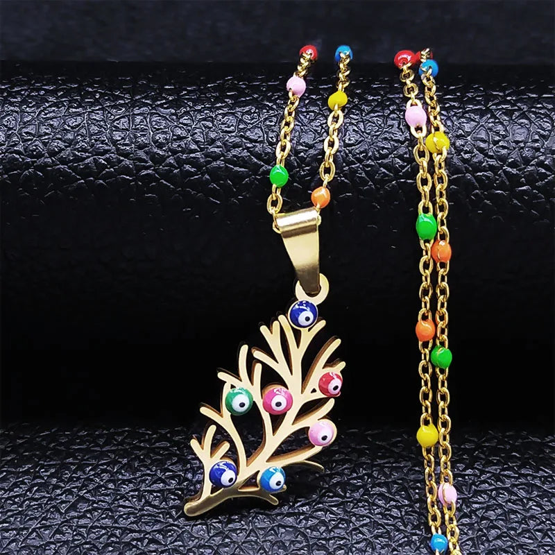 Bohemian Colorful Turkey Eyes Stainless Steel Tree of Life Chain Necklace Gold Color Necklaces Jewelry Arbre De Vie N5210S04