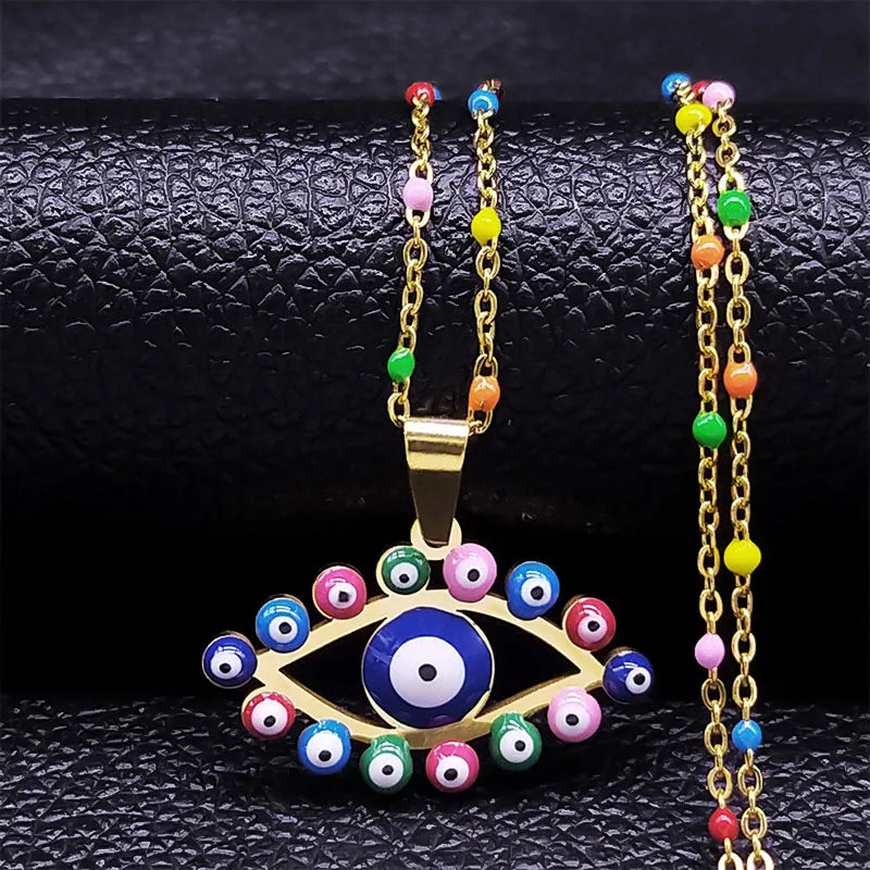 Bohemian Colorful Turkey Eyes Stainless Steel Tree of Life Chain Necklace Gold Color Necklaces Jewelry Arbre De Vie N5210S04