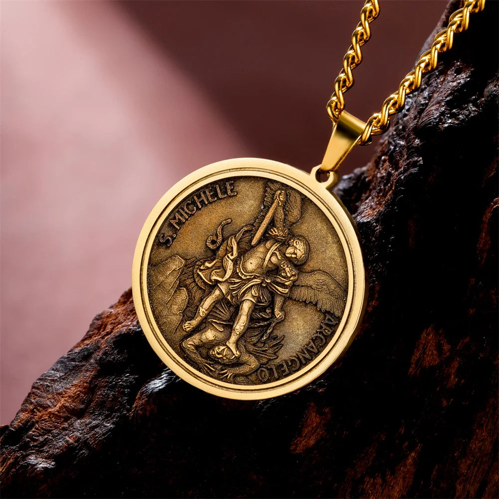 St. Michael Archangel Necklace Vintage Embossed Brass Medal Necklace Catholic Protection Amulet Men Religious Pendant Jewelry