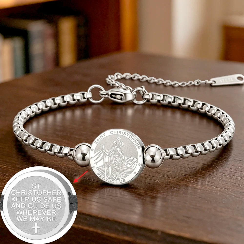 Saint Christopher Bracelet Double Sides Charm Religious Christian Protection Jewelry Catholic Gifts Stainless Steel Bracelet
