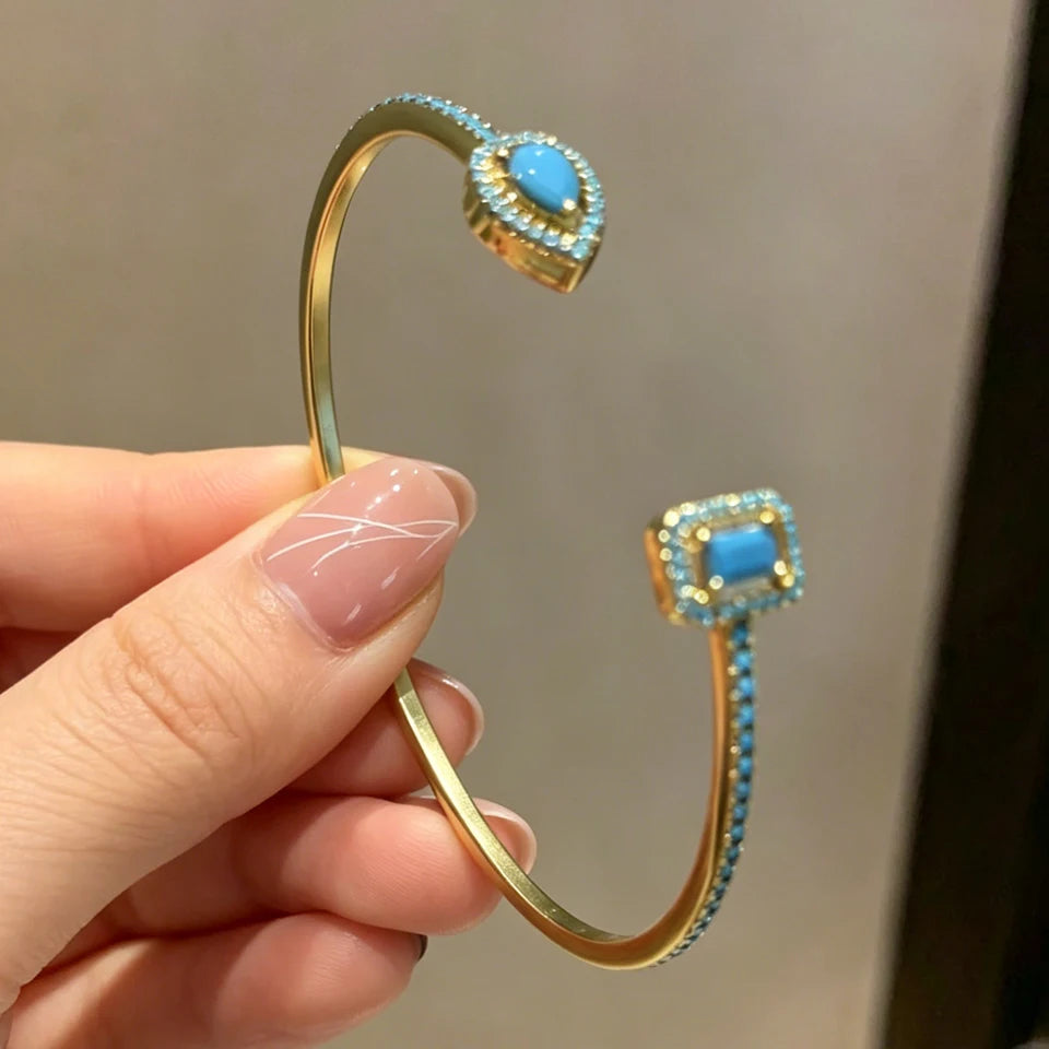 Luxury Geometry Gold Color Cuff Bangles for Women Fashion Cubic Zirconia Bracelets INS Party Everyday Jewlery.
