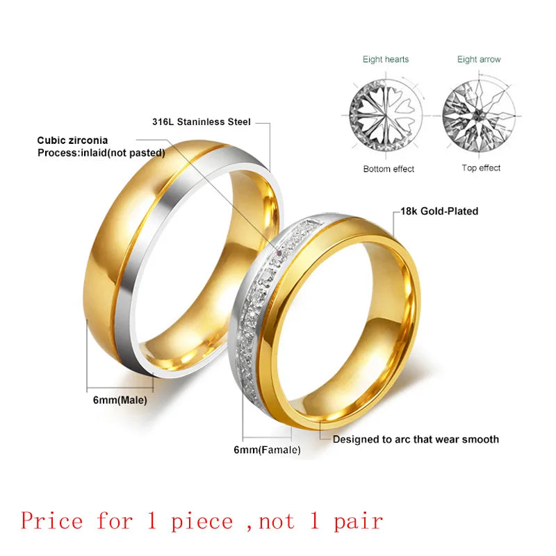Wedding Ring for Women / Men Gold Color Love Engagement Couple Stainless Steel Lovers Jewlery Anniversary Gift US Size