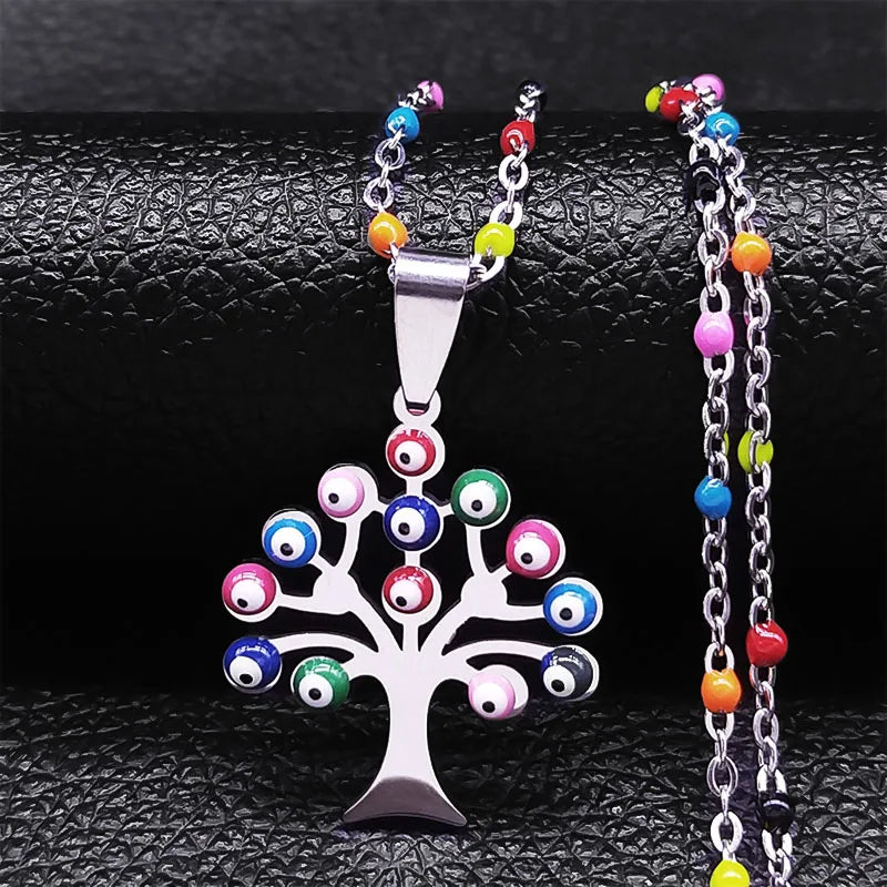 Bohemian Colorful Turkey Eyes Stainless Steel Tree of Life Chain Necklace Gold Color Necklaces Jewelry Arbre De Vie N5210S04