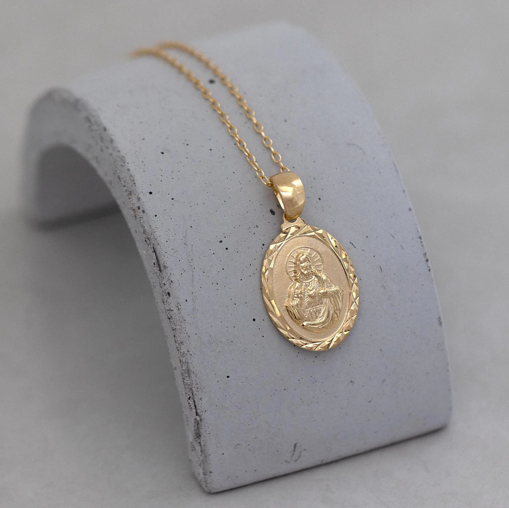 18K Gold Filled Sacred Heart of Jesus Medallion Pendant Necklace Religious Medal Gift Jewelry